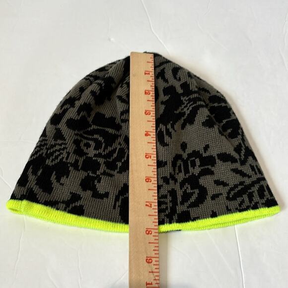 Chaos Super Soft Beanie Black Floral Pattern on Gray Trimmed in Neon Green - Picture 5 of 6